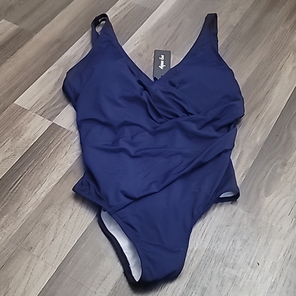 Aqua Eve One Piece Swimsuit Tummy Control Size Large Navy Blue NWT